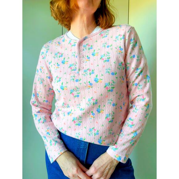 Vintage Womens Thermal Henley T shirt Size Small Pink Floral Print Long SLeeve - Picture 1 of 6